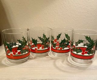 Vintage Mcm Set Of 4 Holly Leaf And Berry Design Christmas Glasses 12 Oz