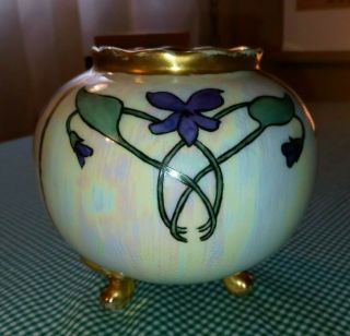 Vtg Art Nouveau 3 Toed Opal Luster Rose Bowl Vase Hand Painted Flowers Gold Exc