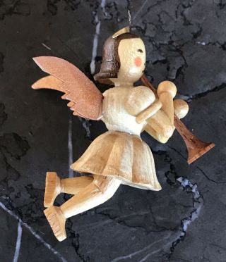Vintage Erzgebirge Natural Wood Hanging Angel With Clarinet Christmas Ornaments