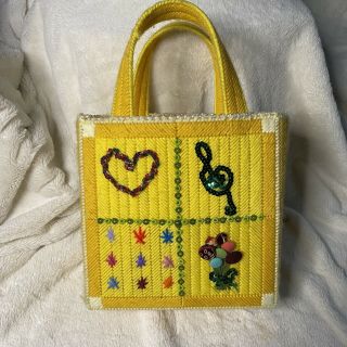 Vintage Needlepoint Plastic Canvas Handmade Tote Bag Purse Knitting 9x9x4.  5