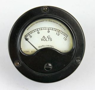 1930s - 40s Vintage Burlington Model 22a 0 - 15 Volts Ac Round Panel Meter