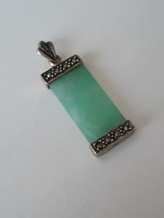 Vintage Sterling Silver 925 Green Jade And Marcasites Pendant