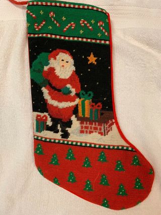 Vintage Needlepoint Christmas Santa On Rooftop Hanging Stocking 17”