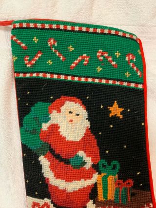 Vintage Needlepoint Christmas Santa On Rooftop Hanging Stocking 17” 2
