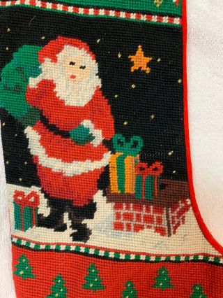 Vintage Needlepoint Christmas Santa On Rooftop Hanging Stocking 17” 3