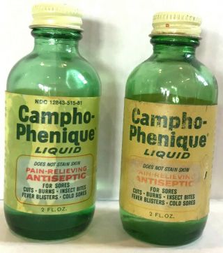 Vintage 2x Campho - Phenique Liquid Green Glass Bottle Antiseptic - Partially Full