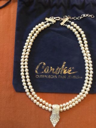 Vintage Carolee Faux 2 Strand Pearl Necklace & Rhinestone Pendant - 16 "