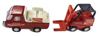 Vintage Buddy L Japan Coca - Cola Delivery Truck & Fork Lift Steel Plastic Red