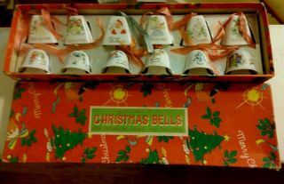 Vintage Set Of 12 Porcelain Christmas Bells Tree & Package Decorations