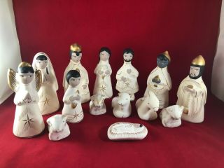 Vintage Mexican Clay Pottery Hand Painted Christmas Nativity Scene 14 Piece Set