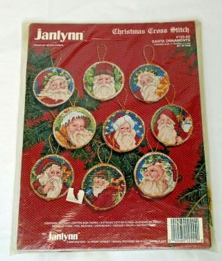 Vintage Janlynn Counted Cross Stitch Kit 125 - 55 Set 9 Round Santa Ornaments 3 "