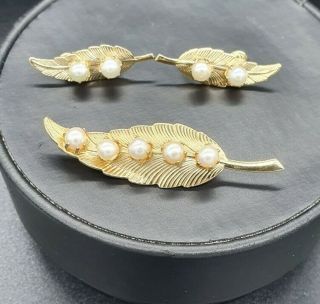 Vintage Leaf Design Faux Pearl Brooch And Earrings Set Dainty Prong Set Clip On