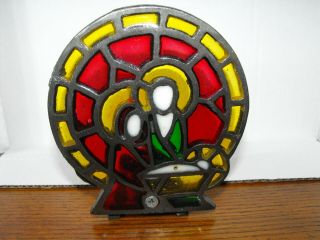 Vintage Christmas Cast Iron Stained Glass Voitive Candle Holder Nativity Scene