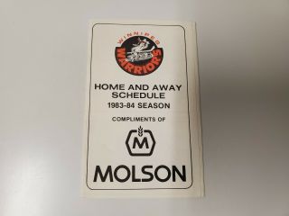 Rs20 Winnipeg Warriors 1983/84 Minor Hockey Pocket Schedule - Molson