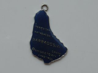Vintage Sterling Silver Charm Pendant Blue Enamel Shape Of Barbados Wi W/ Cities