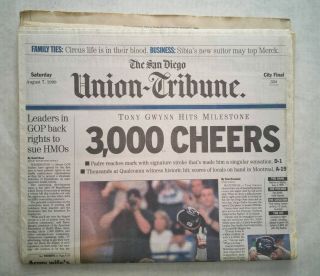 San Diego Union - Tribune 8 - 7 - 99 Tony Gwynn 3,  000th Hit Full Newspaper Padres