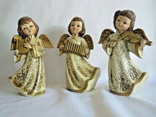 Set Of 3 Vtg Angels W/instruments Paper Mache White Wash/gold Figurines Japan