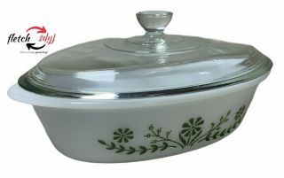 Vintage Glasbake Casserole Dish J235 1 Qt Green Daisy Milk Glass Oval 10 In Usa