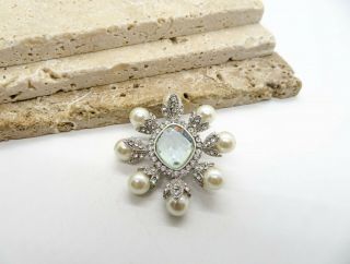 Vintage Signed Bj Crystal Rhinestone White Glass Pearl Silver Brooch Pin Ww14