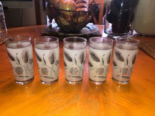 Vintage Mcm Libbey Glass Co 5 Silver Leaf / Wheat Frosted Juice Glasses 5 Ounce