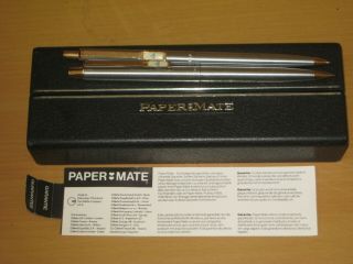 Vintage Twin Boxed Paper Mate Brushed Steel Gold Trim Ballpoint And Pencil Set