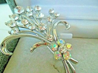 Vintage Costume Jewellery Brooch Pin Silver Flower Spray White/rainbow Old 1950s