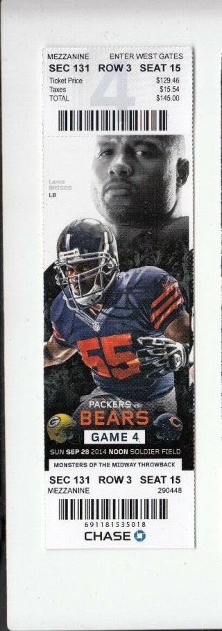 2014 Chicago Bears Vs Green Bay Packers Ticket Stub 9/28 Lance Briggs Rodgers