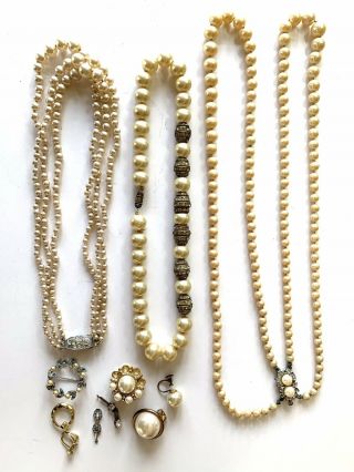 Selection Of Vintage Costume Jewellery Pearl Necklaces And Pearl Jewellery Items