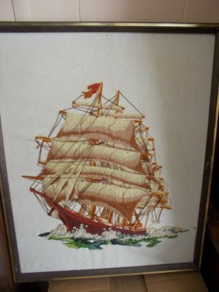 Vintage Crewel Embroidered Framed Picture/clipper Ship/sailing On Ocean/21 " X 17