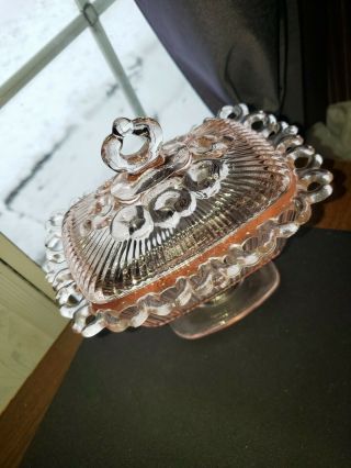 Vintage Pink Depression Glass Rectangle Lace Pedestal Antique Vanity Candy Dish