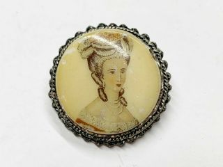 Vintage Portrait Miniature Style Fancy Lady Round Silver Metal Ladies Pin Brooch