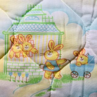 Vintage Baby Blanket Quilted Crib Yellow Trim Pastel Animals Dogs Giraffes Etc.