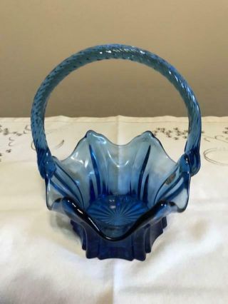 Vintage Fenton Blue Glass Scalloped Basket With Handle