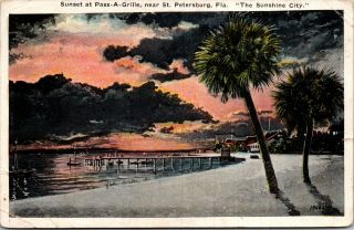 Vintage 1925 Sunset At Pass - A - Grille,  Near St Petersburg Florida Fl Postcard