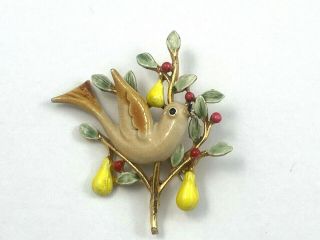 Vintage Christmas Tree Brooch Pin 2” Partridge In A Pear Tree Signed Art