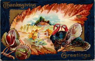 Vintage 1923 Turkeys And Farmhouse,  Happy Thanksgiving Greetings Post Card