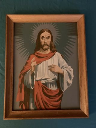 Vintage Paint - By - Number Jesus On Cardboard 9” X 12” Framed Euc