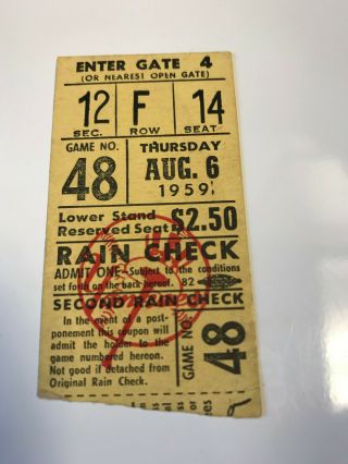 Vintage York Yankees Baseball Ticket Stub 8/6/1959 Vs Detroit Tigers
