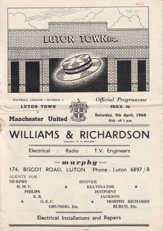 Luton Town Manchester United 1960 Football Programme Vintage League