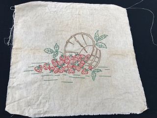Vintage Hand Embroidery Basket Of Strawberries Piece