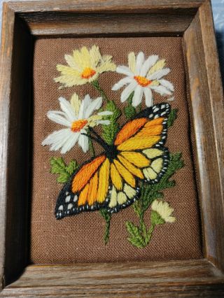 Vtg 70s Hand Embroidered Monarch Butterfly Wildflower Garden Framed 8 " X 6 "
