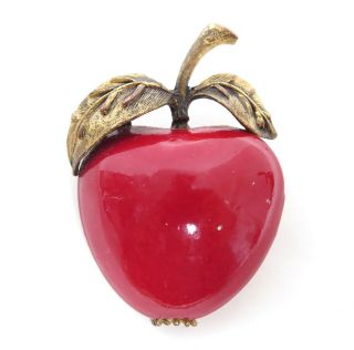 Vintage Bright Red Enamel Apple Fruit Gold Plated Figural Medium Size Brooch Pin
