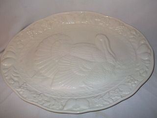 Vintage White Embossed Ceramic Turkey Platter For Thanksgiving
