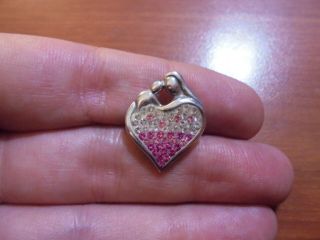 Vtg Sterling Silver Pink Clear Crystal Mother And Child Heart Pendant 2.  9 Grams