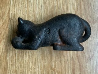 Vintage Cast Iron Black Cat with Ball Coin Bank 2