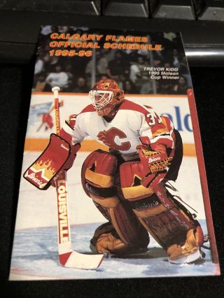 1995 - 96 Calgary Flames Hockey Pocket Schedule Salvation Army Version Trevor Kidd