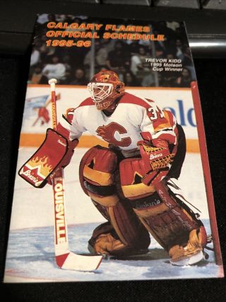 1995 - 96 Calgary Flames Hockey Pocket Schedule Salvation Army Version Trevor Kidd 2