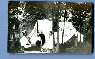 Found Vintage Photo C,  3772 Man In Hat Sitting By Women In Dresses,  Tent