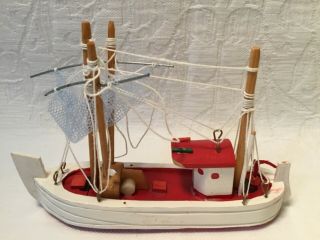 Vintage 70’s Model Red And White Shrimp Boat Handmade Nautical Seaside Decor