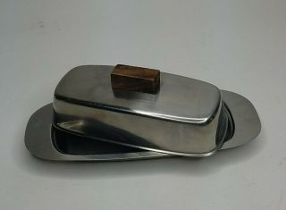 Vintage Stainless Steel Butter Dish W/lid / Teak Handle